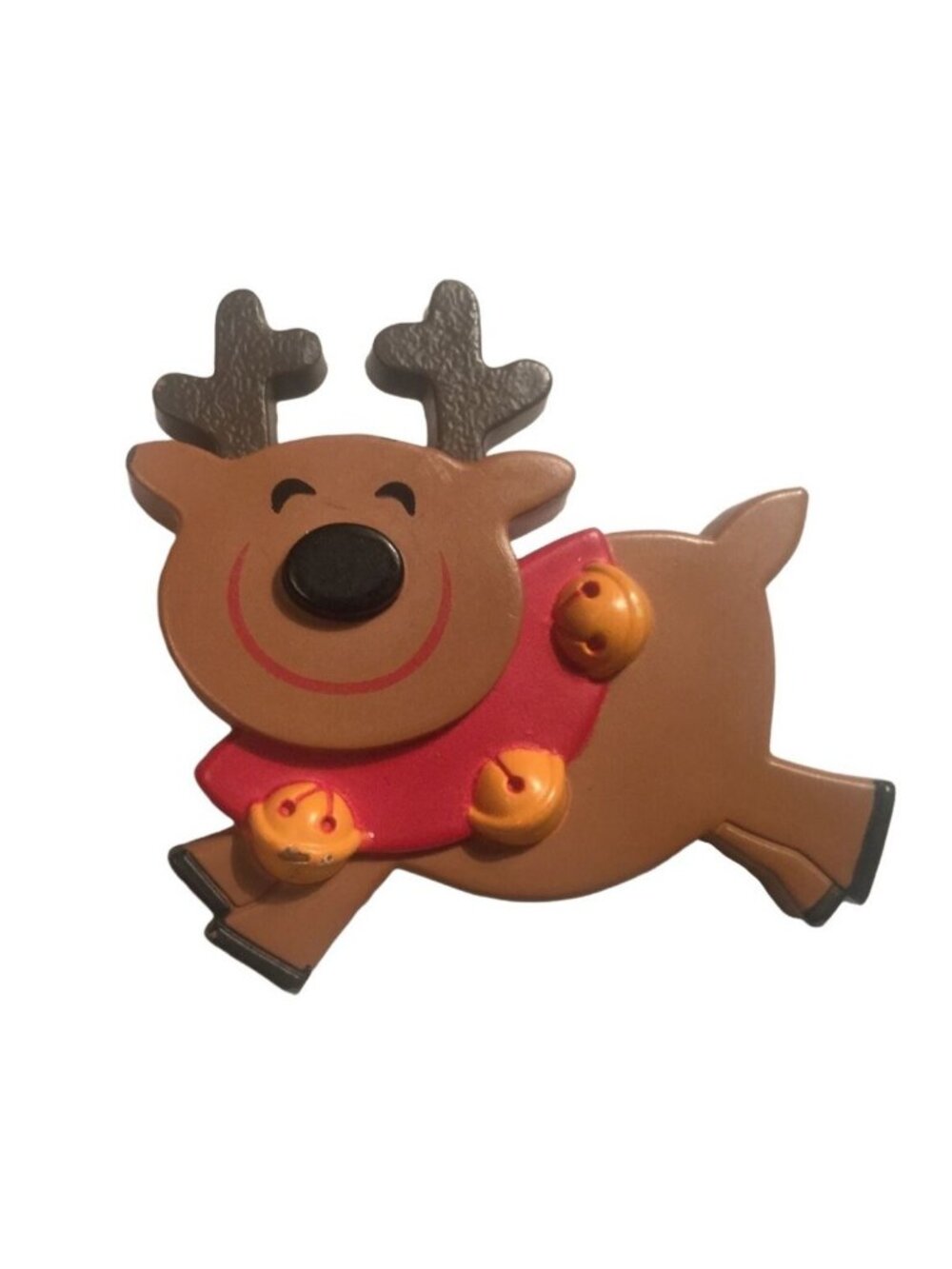 Running Reindeer Pin Brooch With Gold Jingle Bells  Red Scarf Holiday Accessory